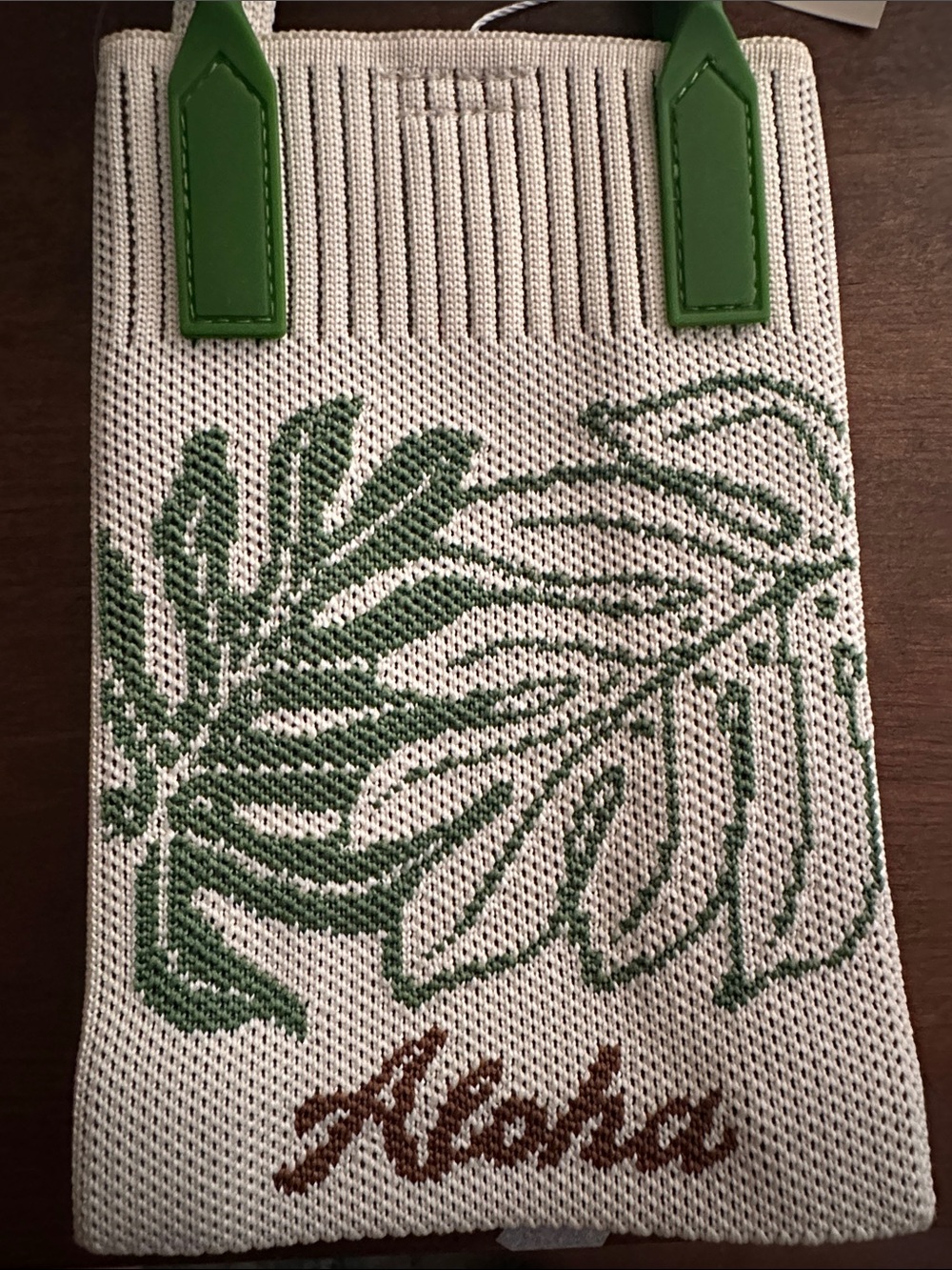 Cream Knit Mini Tote Bag with Green Leaf and Green Rubber Handles - Picture 7 of 7